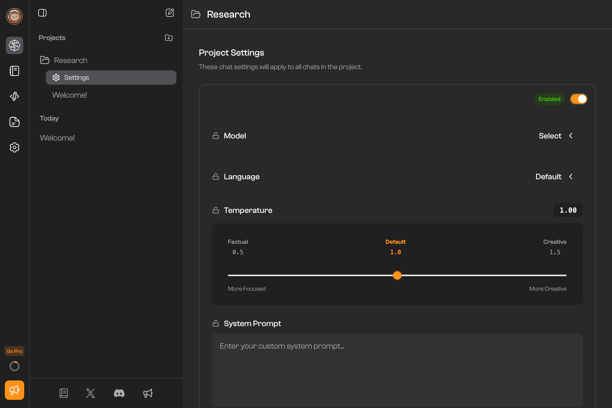 Project Settings Page