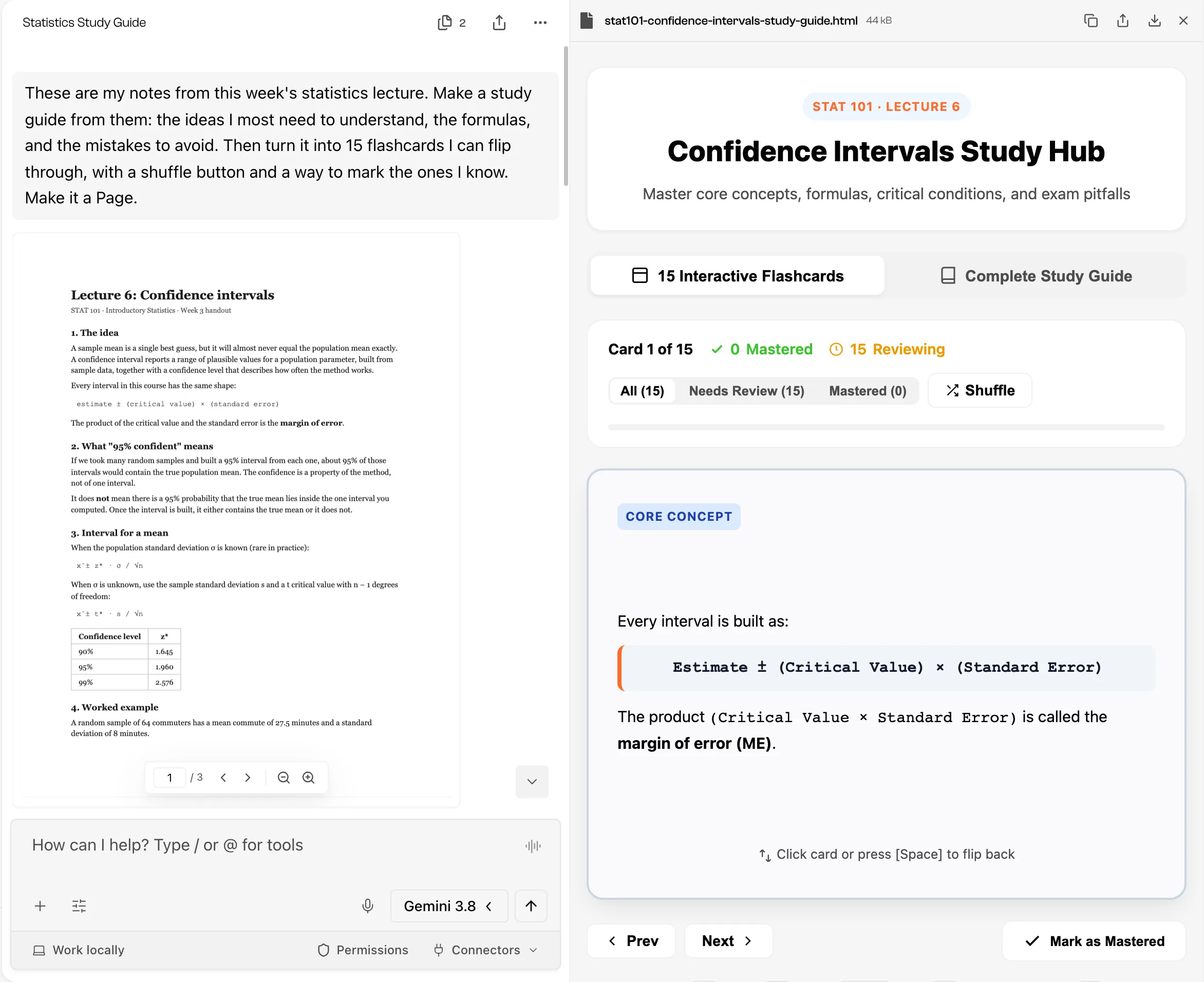 The chat on the left shows the request and the attached handout, Lecture 6: Confidence intervals. The Page on the right shows the Confidence Intervals Study Hub with tabs for 15 Interactive Flashcards and Complete Study Guide, a counter reading Card 1 of 15 with 0 Mastered and 15 Reviewing, filter and Shuffle buttons, and the first card flipped to show the formula for every confidence interval.