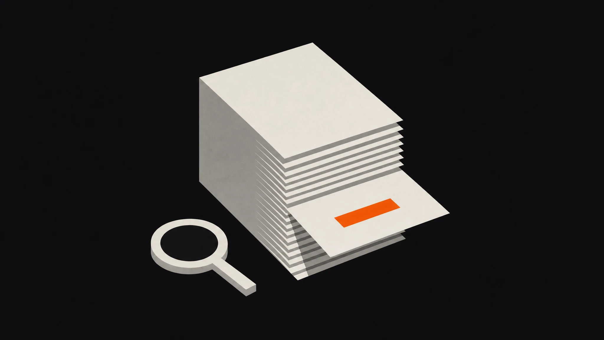 An isometric stack of ivory sheets with the bottom sheet pulled out and a single solid orange bar marking one line on it, a small ivory magnifying glass lying beside the stack on a charcoal ground