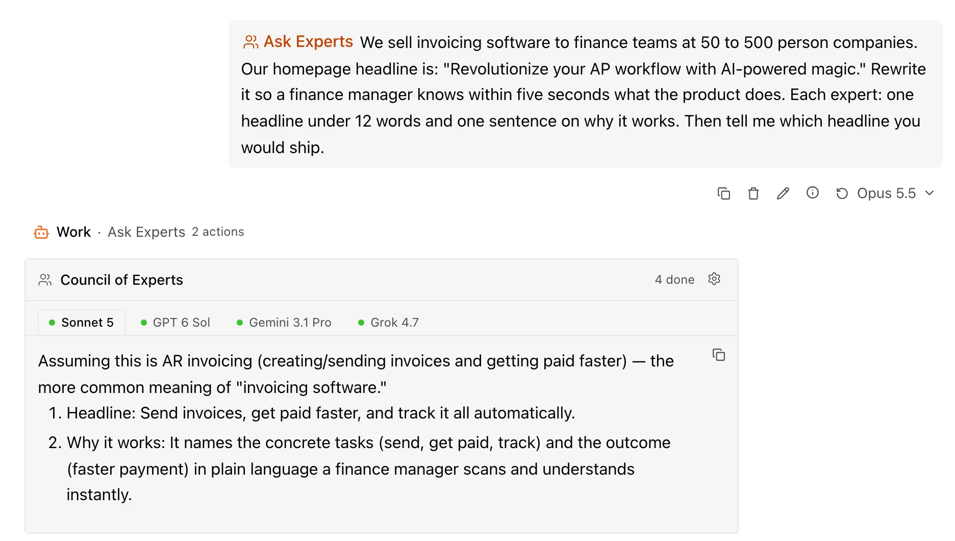 The Council of Experts panel under a request marked Ask Experts. Tabs for Sonnet 5, GPT 6 Sol, Gemini 3.1 Pro and Grok 4.7 each show a green status dot, the header reads 4 done, and the Sonnet 5 tab is open with its assumption about invoicing, its headline, and why it works.