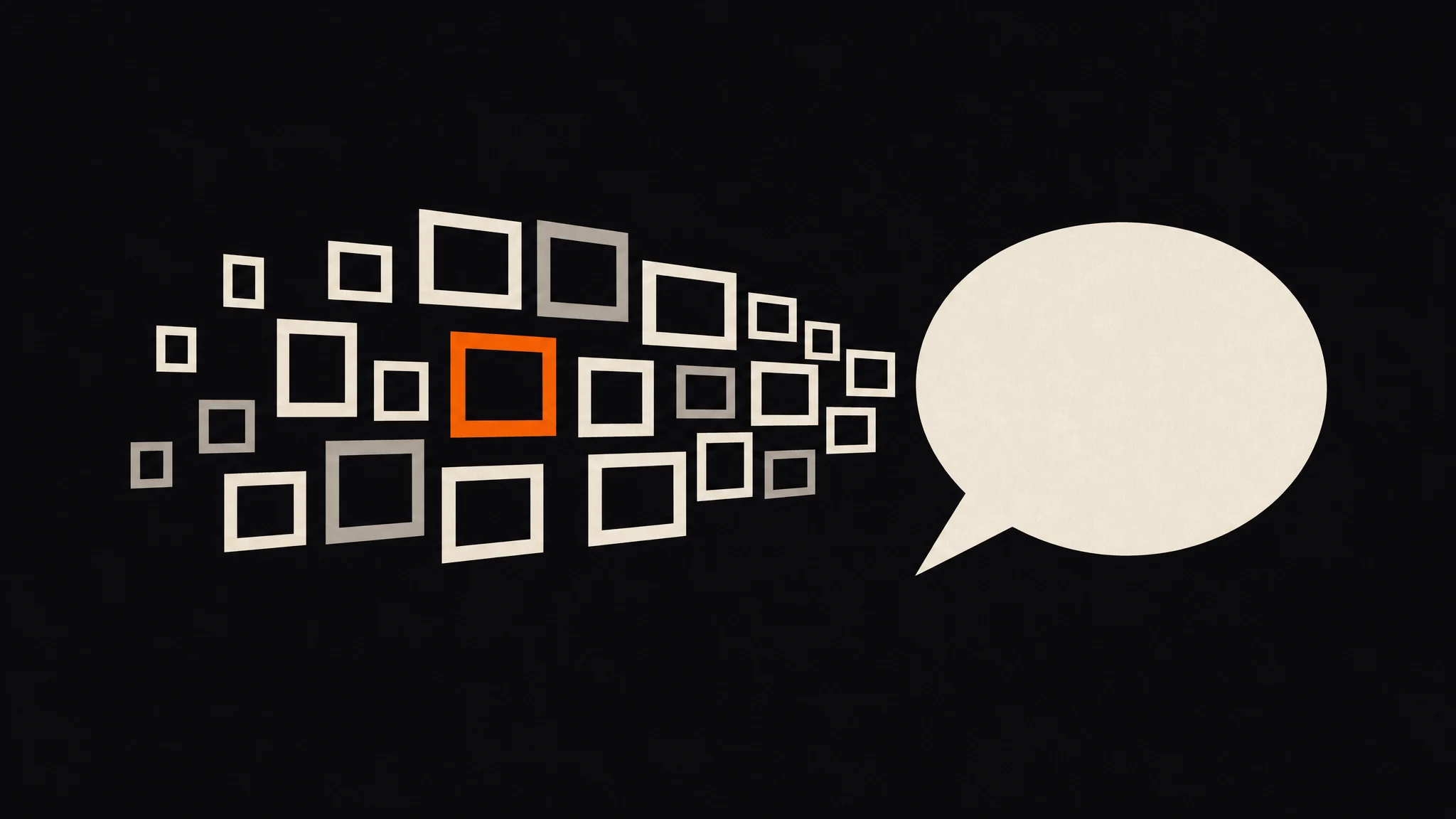 Ivory and grey picture-frame outlines flowing toward a large ivory speech bubble, with one frame orange, on a charcoal ground