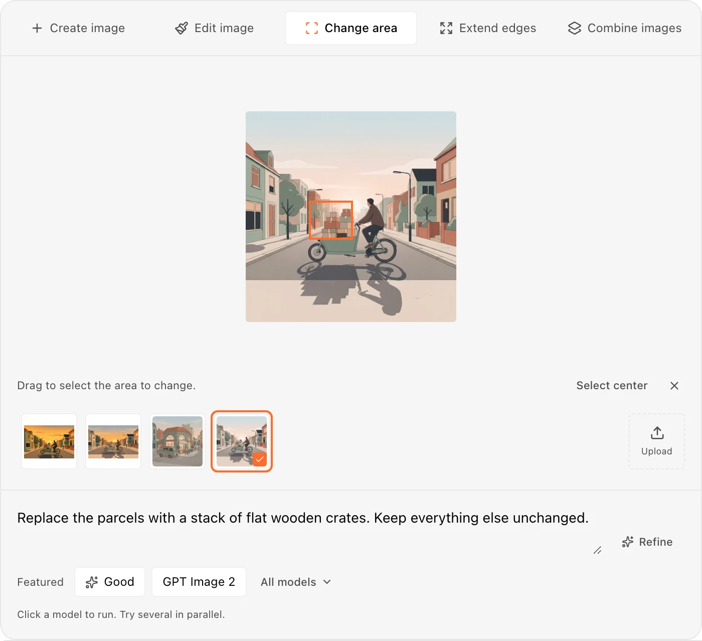 The same editor in Change area mode. An orange rectangle is drawn over the stack of parcels on the cargo bike, the caption reads Drag to select the area to change, and the featured row now offers only two models.