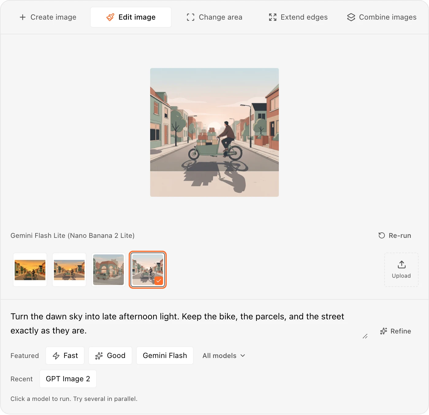The Bearly image editor in Edit image mode. A flat illustration of a cargo bike on a street at dawn fills the canvas, four images sit in the thumbnail strip with the source selected, an edit instruction about the sky is typed below, and rows labeled Featured and Recent hold model buttons.